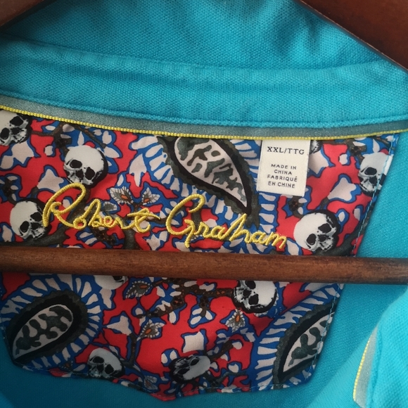 Men's XXL Robert Graham 3-Button Collar Short-sleeve Golf Shirt, Blue & Skeleton - Picture 2 of 4